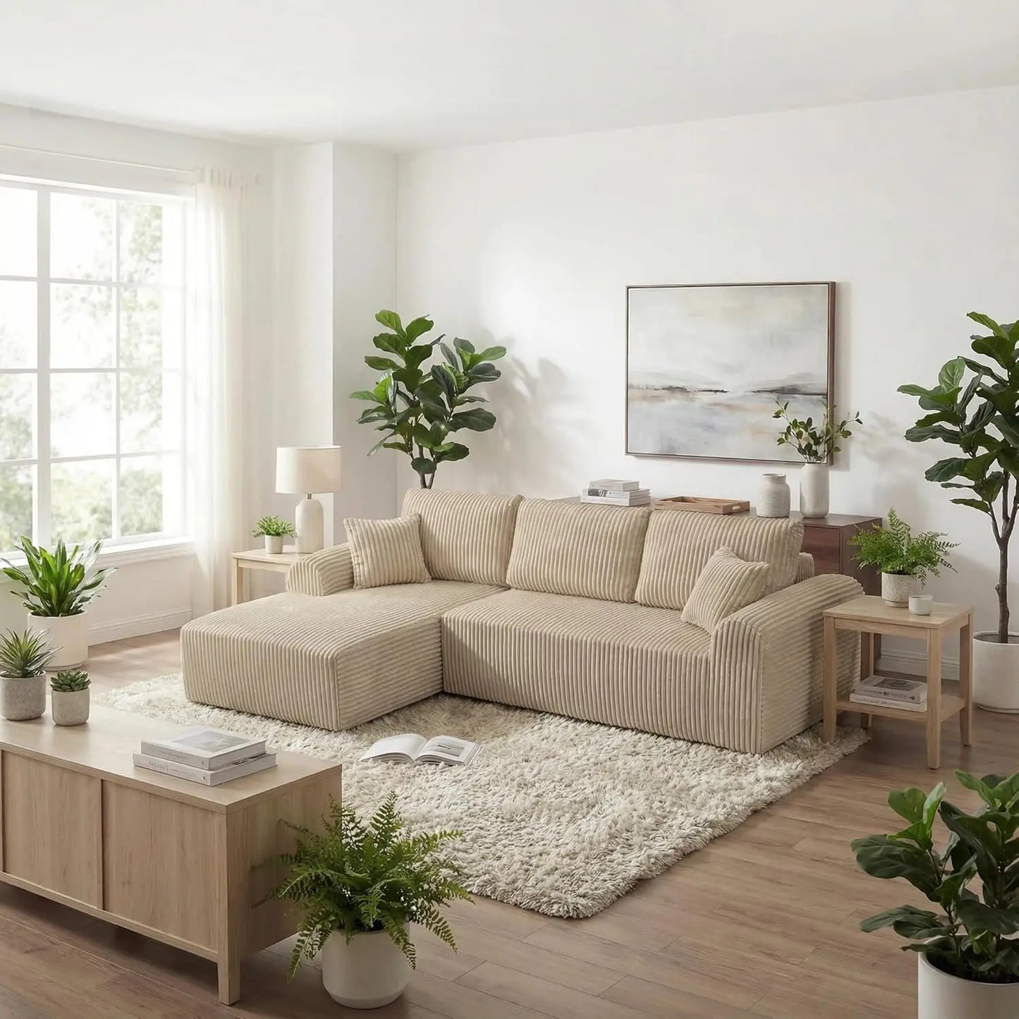 109“L-Shaped Sectional Sofa Boneless Couch Upholstery Cloud Modular Couch with Chaise No Assembly Required Corduroy Fabric Combi
