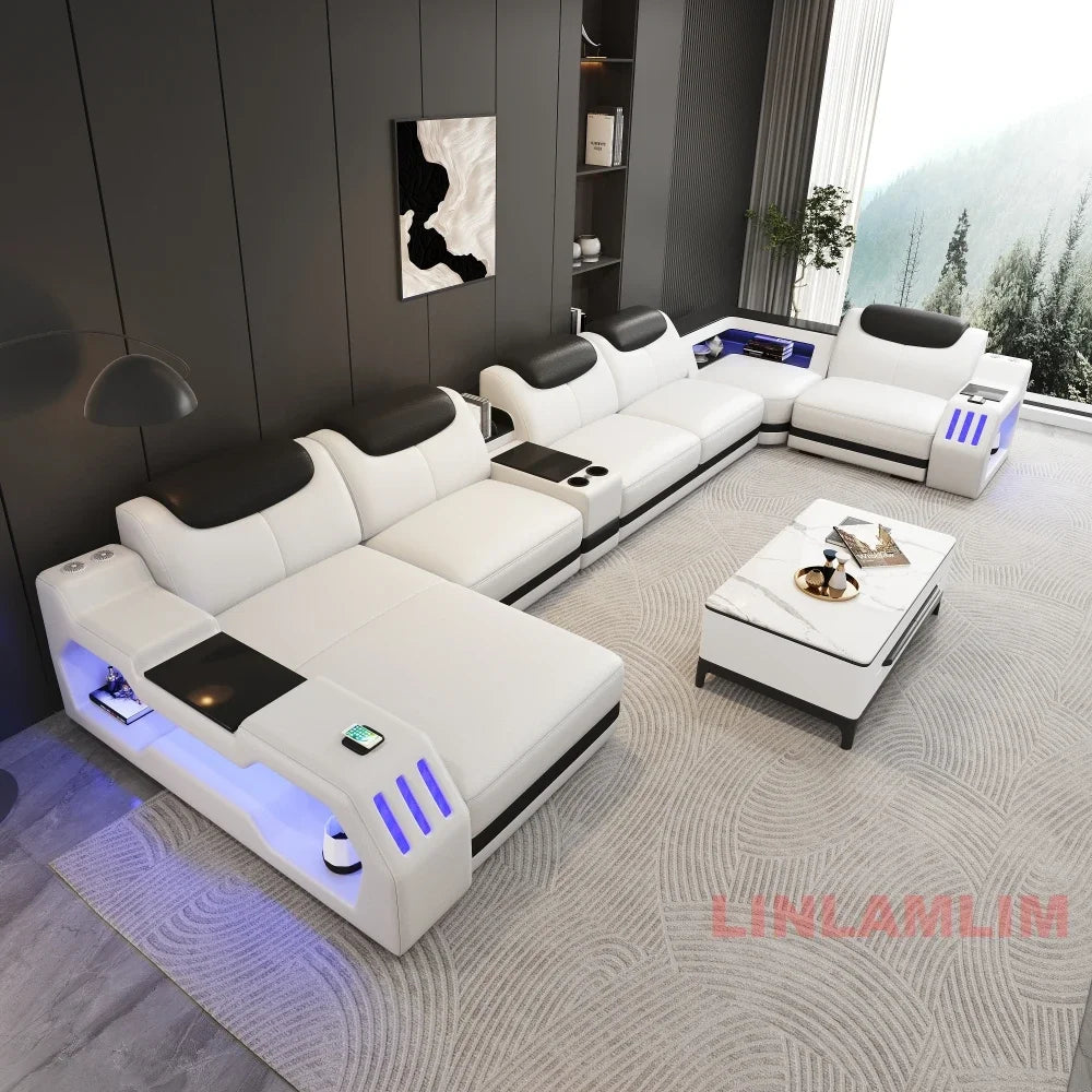 Modern Genuine Leather Massage Sectional Sofa Bed with Adjustable Headrests & LED Lights, Recliner Couch Set with Storage & USB