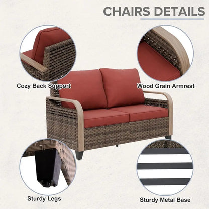 2 Seat Outdoor Sofa with Cushions, Patio Garden Furniture, Deck Backyard, 500 lbs Capacity, Brown/Red