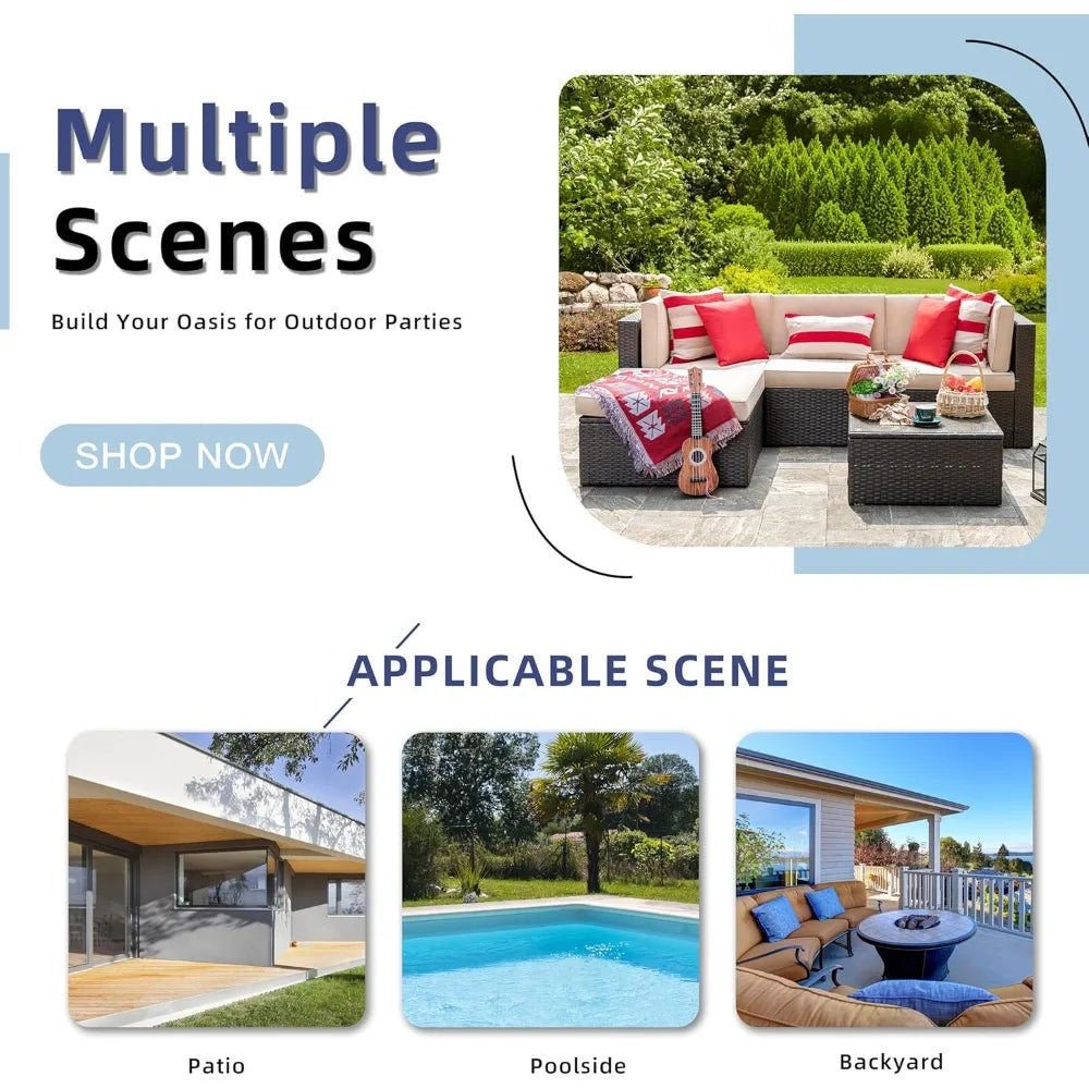 5 Piece Patio Furniture Sets, All-Weather PE Rattan Wicker Outdoor Sectional Couch, Small Patio Conversation Set