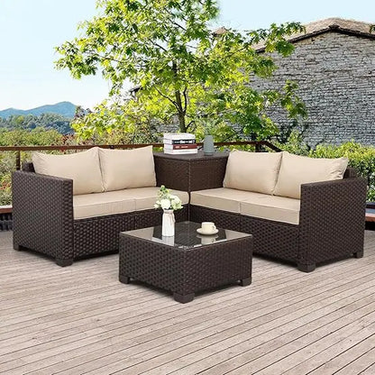 Outdoor Patio Furniture Set 4 Piece， Brown Rattan Sectional Sofa Couch PE Wicker Conversation Sets with Storage Box Glass Top Ta