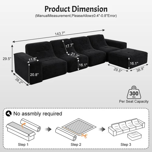 U-Shaped Sectional Sofa, Convertible Modular Couch with Double Chaise, 4-Seater Living Room Furniture, Black