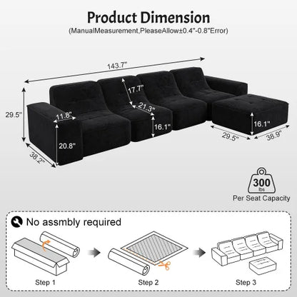 U-Shaped Sectional Sofa, Convertible Modular Couch with Double Chaise, 4-Seater Living Room Furniture, Black