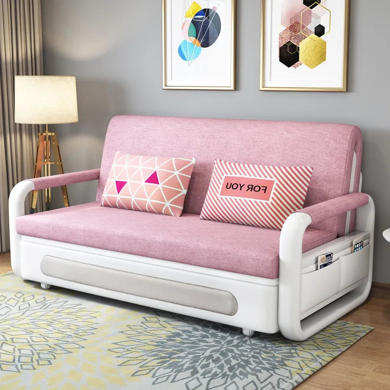 Modern Folding Sofa Bed with Fabric Upholstery Apartment Furniture Metal Frame Extendable for Living Room Dining Hotel Use