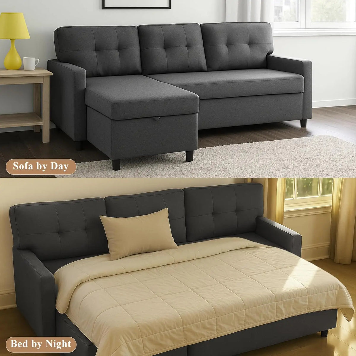 Sleeper Sofa Couch, Oversized Pull-Out Bed with Storage Chaise, Sectional Design for Living Room, Customized