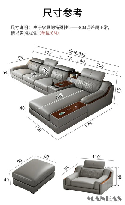 Modern Italian Genuine Leather Sofa for Living Room with Cup Holder, USB, Adjustable Headrests & Bluetooth Speaker - Linlamlim