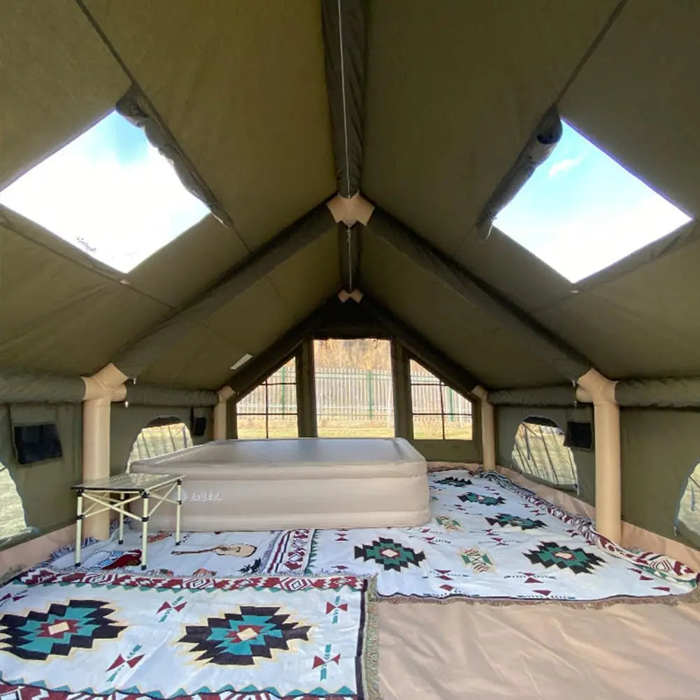 129 SqFT Inflatable Tent ,8-10 Person Blow Up Tent with Stove Jack Hole,4 Season Waterproof Camping Tent Large Pop-Up Tents