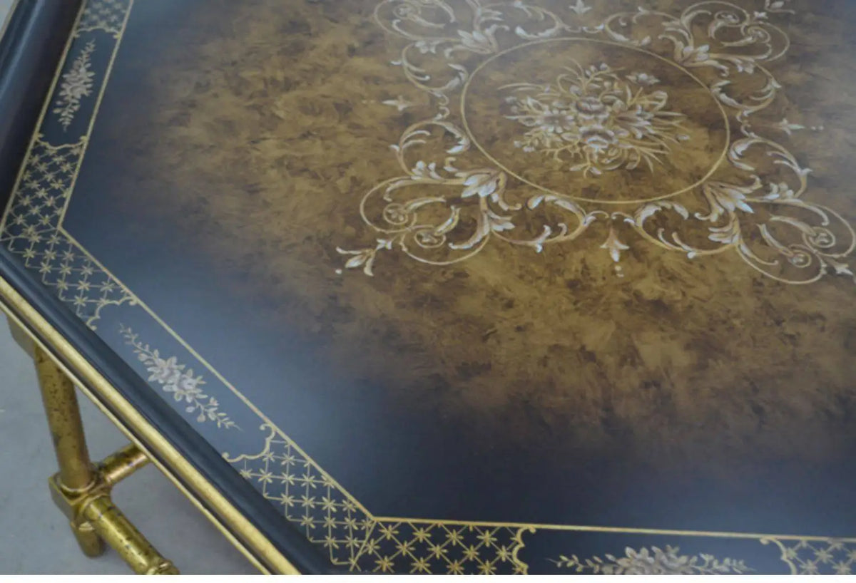 Xx French European Style Country Style Sticker Gold Foil Hand Painted Dark Black Brown Octagonal Tray Shape Coffee Table
