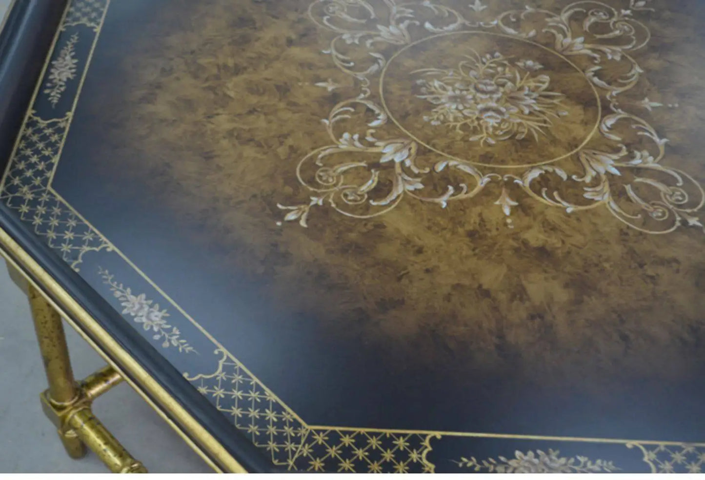 Xx French European Style Country Style Sticker Gold Foil Hand Painted Dark Black Brown Octagonal Tray Shape Coffee Table