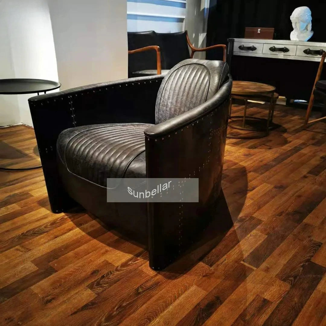American Vintage Distressed Leather Armchair Hotel Sofa Accent Chair Aluminium Armrest Loft Aviation Chairs Aviation Furniture