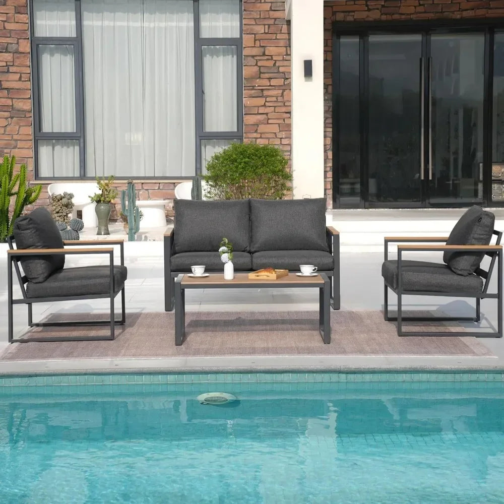 Customizable-Patio Furniture Set, 4 Pieces Outdoor Patio Furniture With Coffee Table Set, Metal Patio Conversation