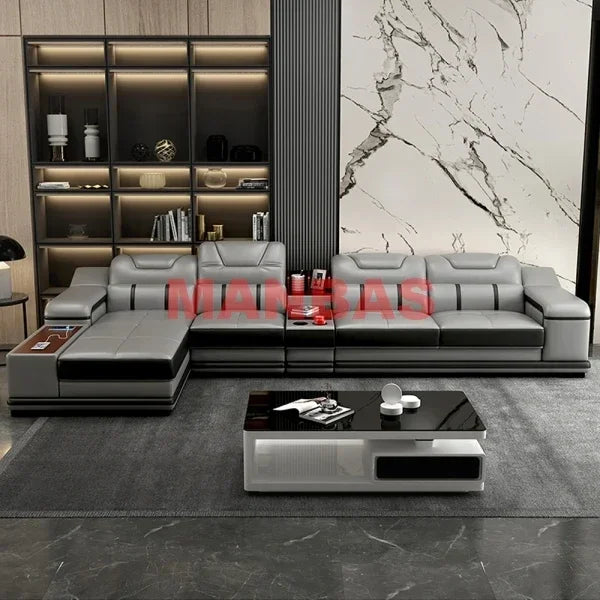 L-Shaped Modern Sectional Sofa Set with Chaise, Genuine Leather Reclining Couch with USB Charging Ports & Cup Holders, Couch Set
