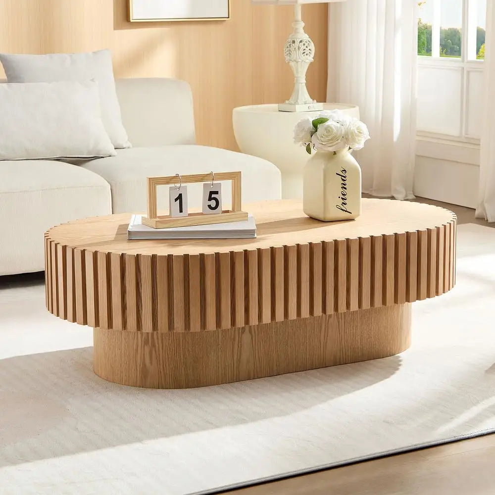 43.7" Modern Drum Coffee Table Oval Wooden Accent Table with Sturdy Pedestal Base for Living Room Office ASH Color