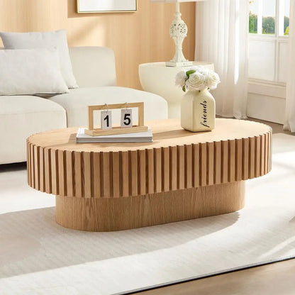 43.7" Modern Drum Coffee Table Oval Wooden Accent Table with Sturdy Pedestal Base for Living Room Office ASH Color