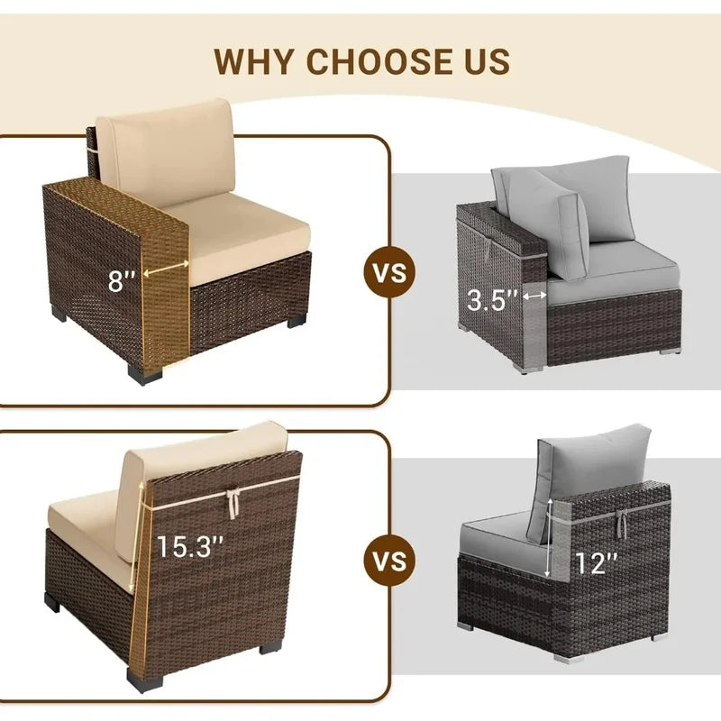 7 PCS Outdoor Sectional Conversation Set with 44" Propane Gas Firepit Table and Widen Wicker Armrests for Patio Furniture