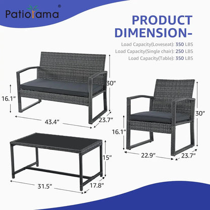 4pcs Outdoor Patio Furniture Set, Outdoor Wicker Conversation Set, Patio Rattan Chair Set, Modern Bistro Set with Coffee Table