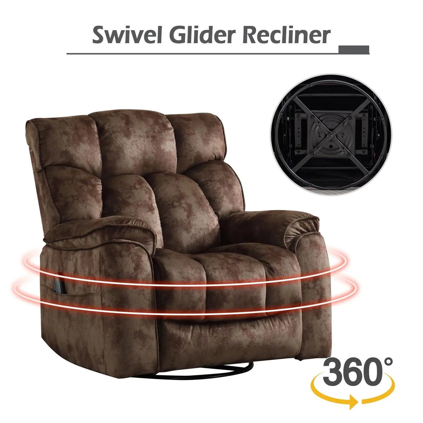 Oversized Rocker Recliner with Heat & Massage Manual Swivel Soft Fabric Brown, Customized