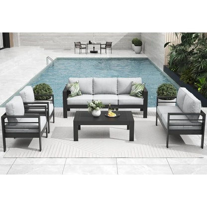 5 Pieces Modern Aluminum Patio Furniture Set, Outdoor Conversation Sets Metal Sectional Sofa with Coffee Table