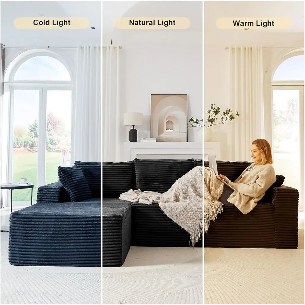 L-Shaped 103 Sectional Sofa with Chaise, Deep Seating, Corduroy Upholstery, Living Room Furniture, Ready to Use, Black