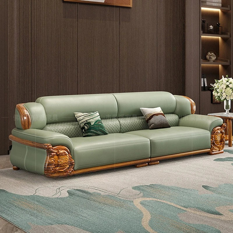 European ebony leather sofa large apartment luxury villa home living room new Chinese furniture solid wood carved fish