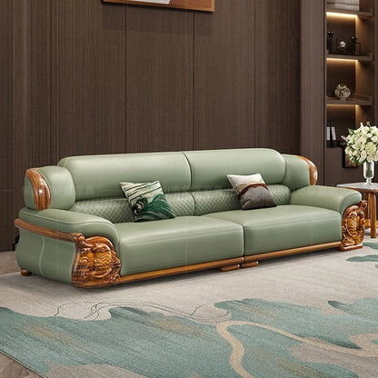 European ebony leather sofa large apartment luxury villa home living room new Chinese furniture solid wood carved fish