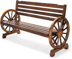 Rustic Wooden Outdoor Bench with Wagon Wheel Arms, 3-Seater Garden Patio Furniture for Porch or Yard