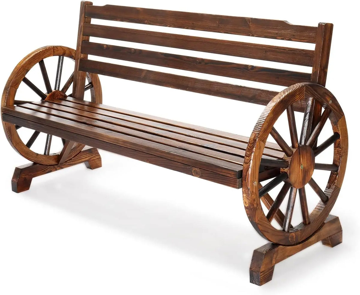 Rustic Wooden Outdoor Bench with Wagon Wheel Arms, 3-Seater Garden Patio Furniture for Porch or Yard