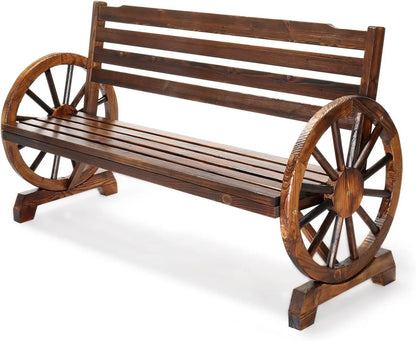 Rustic Wooden Outdoor Bench with Wagon Wheel Arms, 3-Seater Garden Patio Furniture for Porch or Yard
