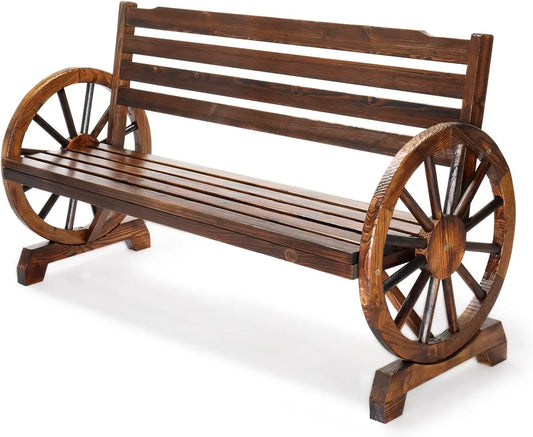 Rustic Wooden Outdoor Bench with Wagon Wheel Arms, 3-Seater Garden Patio Furniture for Porch or Yard