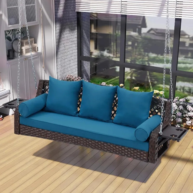 3 Seat Porch Swing, Wicker Patio Swing with Cup Holders & 3 Back Cushions, Yard Swing with Chains for Deck Garden Backyard,Brown