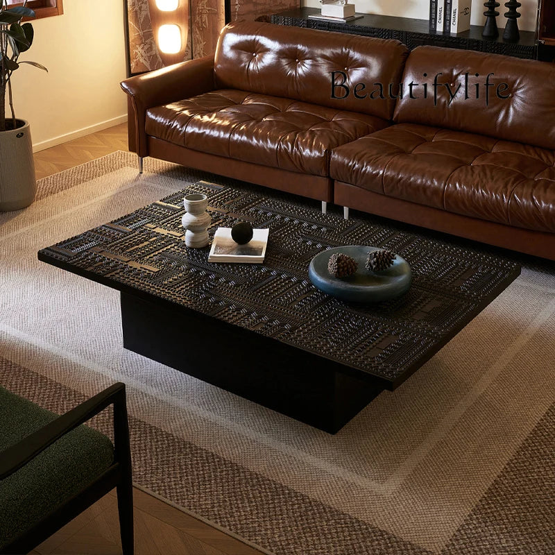 Retro coffee table light luxury high sense solid wood carving flower home living room minimalist high-end designer
