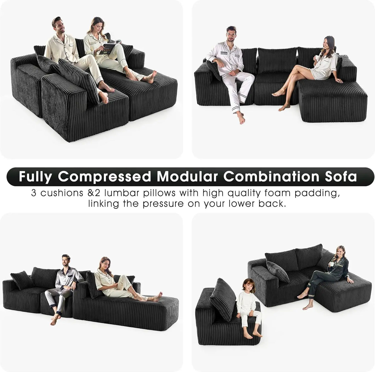 Modular Sectional with L-Shape Chaise, Cloud Sofa Living Room Bedroom Upholstered Sofa - No Installation - Plush Corduroy Fabric