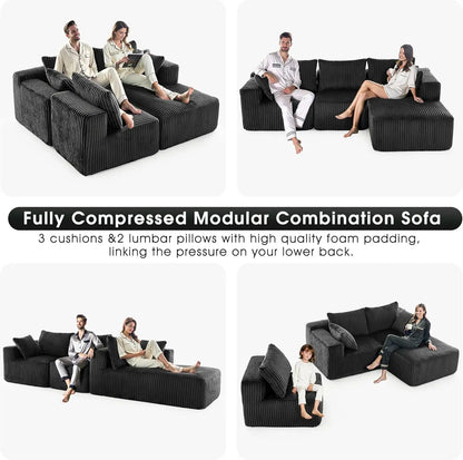 Modular Sectional with L-Shape Chaise, Cloud Sofa Living Room Bedroom Upholstered Sofa - No Installation - Plush Corduroy Fabric