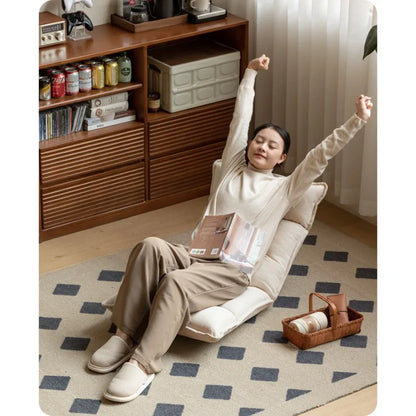Folding Lounge Chair Cream Lazy Recliner Padded Backrest Compact Foldable Chair for Bedroom Balcony Living Room Furniture