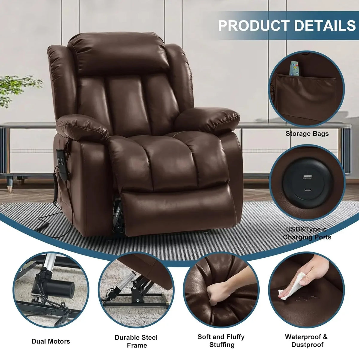 Dual Motor Power Lift Recliner Chair for Elderly, Infinite Position Lay Flat Lift Chair with Massage and Heat, USB Ports