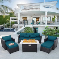 Patio Furniture Sets,  6 Pieces Couch Outdoor Chairs Coffee Table Peacock Blue Anti-Slip Cushions, Outdoor Furniture Sets