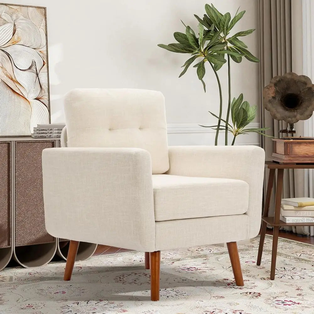 Linen Fabric Single Sofa, Accent Chair, Living Room or Bedroom, Button-Tufted Upholstered, Comfortable Reading Sofa, Beige