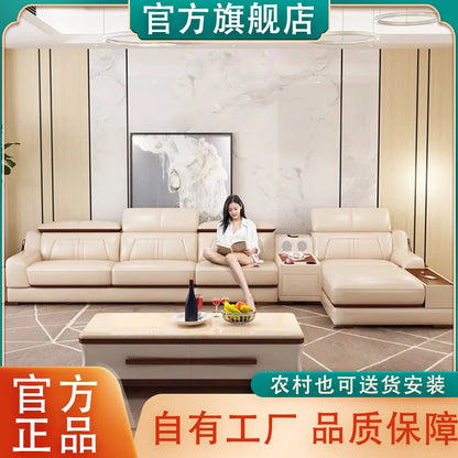 custom. [Official Genuine] Fulansige Leather Sofa Light Luxury Solid Wood Simple Small Yellow Cowhide Corner Small Apartment Cha