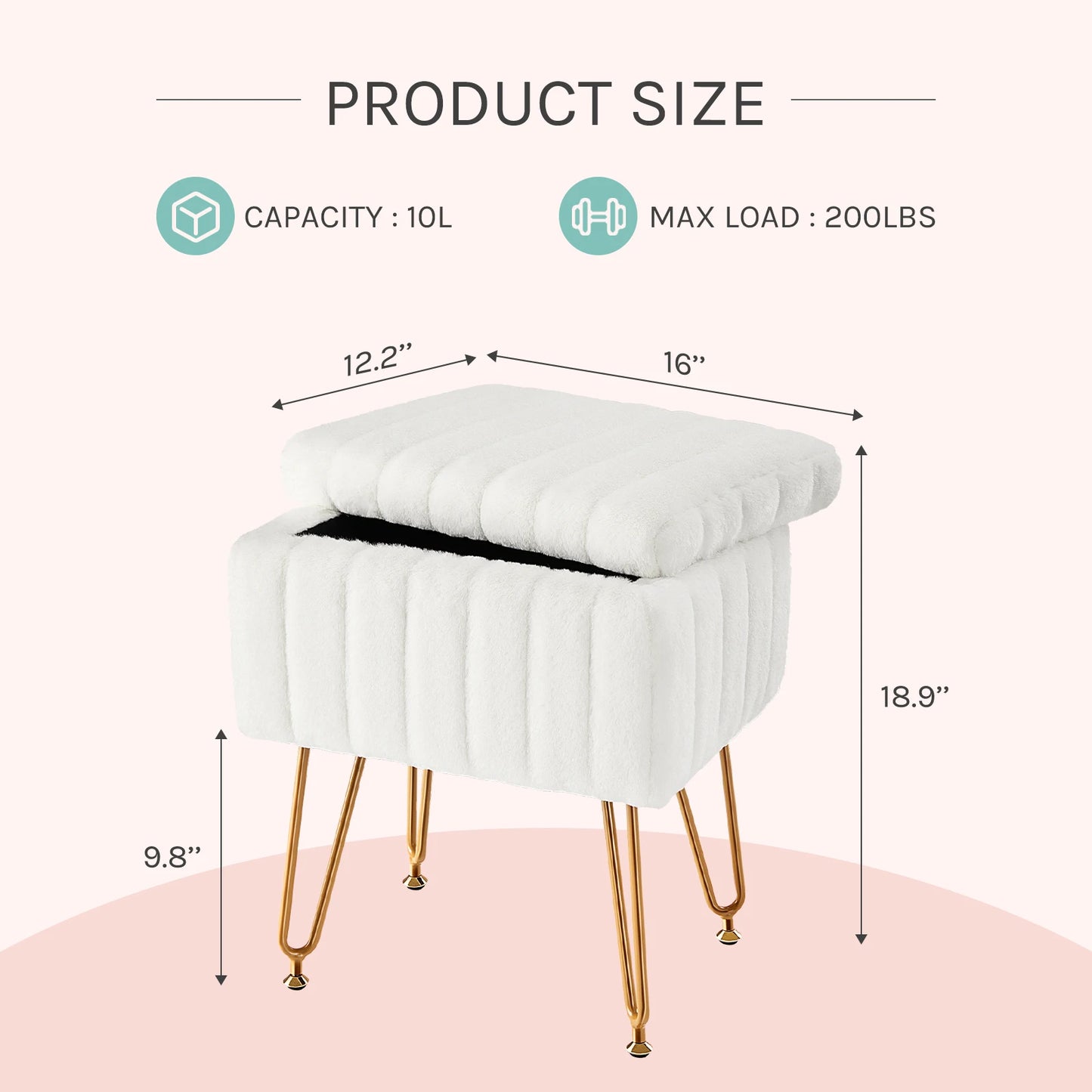 JHK Faux Fur Living Room Hidden Storage Stools & Ottomans Padded Makeup with 4 Metal Legs Anti-Slip Adjustable Feet for Home