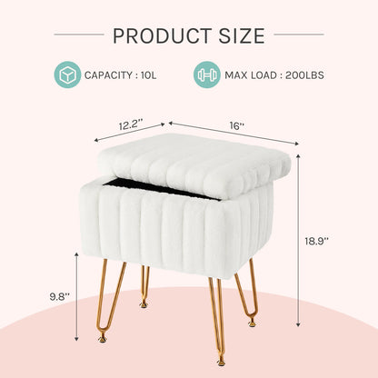 JHK Faux Fur Living Room Hidden Storage Stools & Ottomans Padded Makeup with 4 Metal Legs Anti-Slip Adjustable Feet for Home