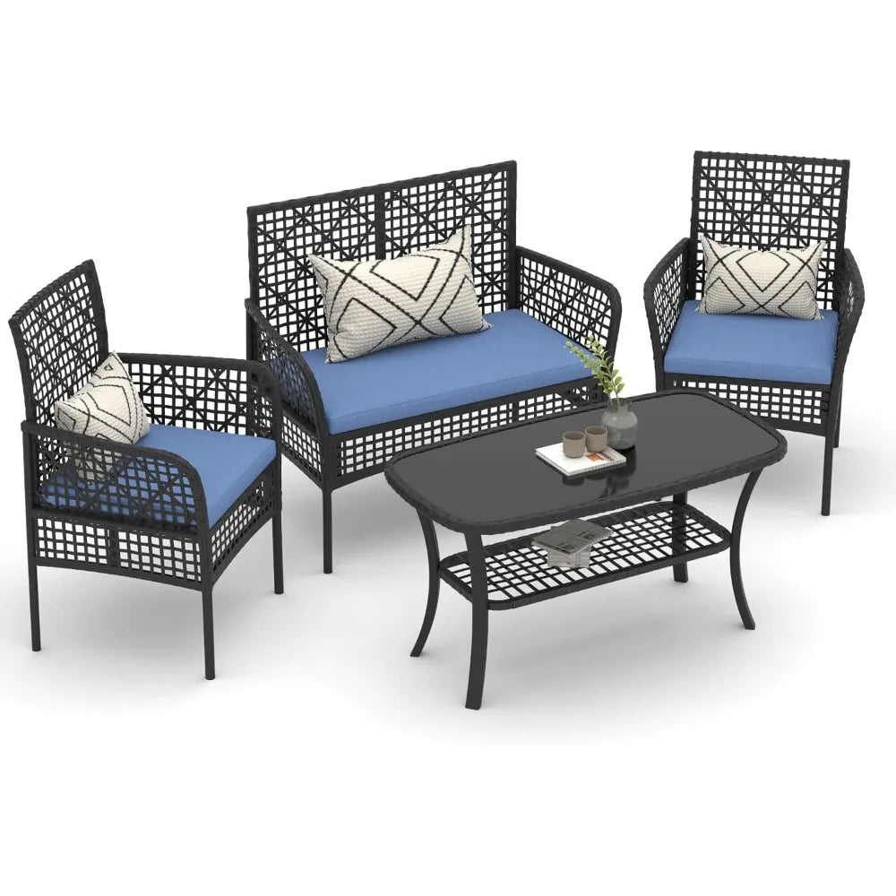 4 Pieces Outdoor Patio Furniture Set, PE Rattan Chairs Wicker Furniture with Coffee Glass Table and Soft Cushions, Outdoor