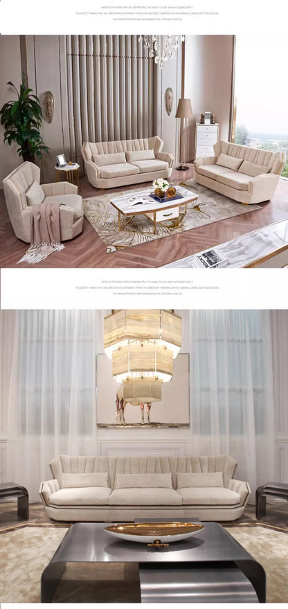High-quality luxury white modern sofa with solid wood frame and metal, suitable for home or villa furniture