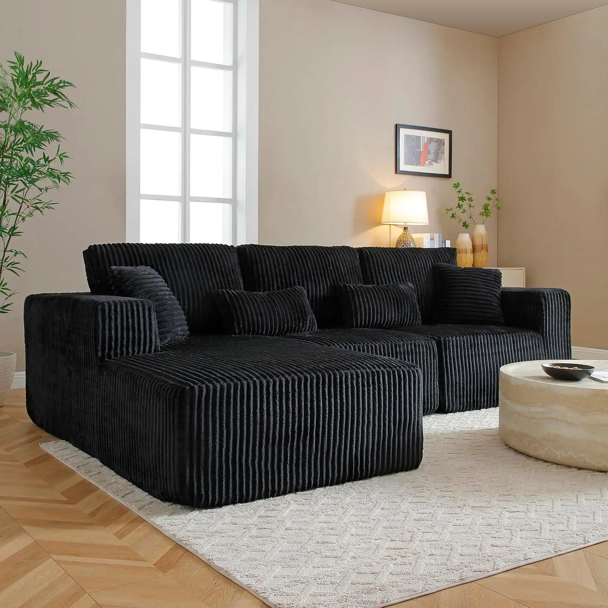 Modular Sectional Sofa, 107' L-Shaped Dark Black Couch with Deep Seat Memory Foam, Plush Corduroy, Left-Facing Chaise