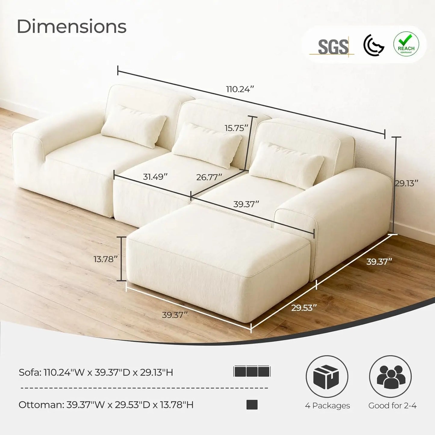 110" L Shaped Modular Cloud Couch Sectional – Boneless 3-Seater Sofa with Ottoman for Living Room Bedroom and, Customized