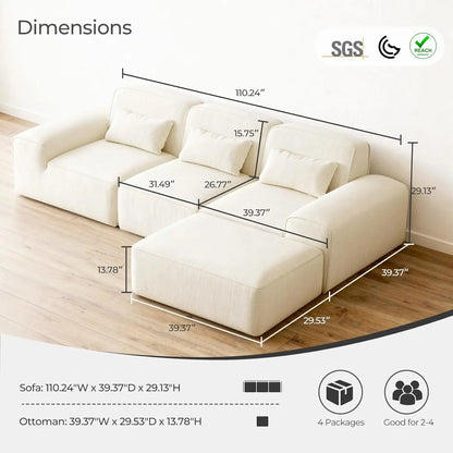 110" L Shaped Modular Cloud Couch Sectional – Boneless 3-Seater Sofa with Ottoman for Living Room Bedroom and, Customized