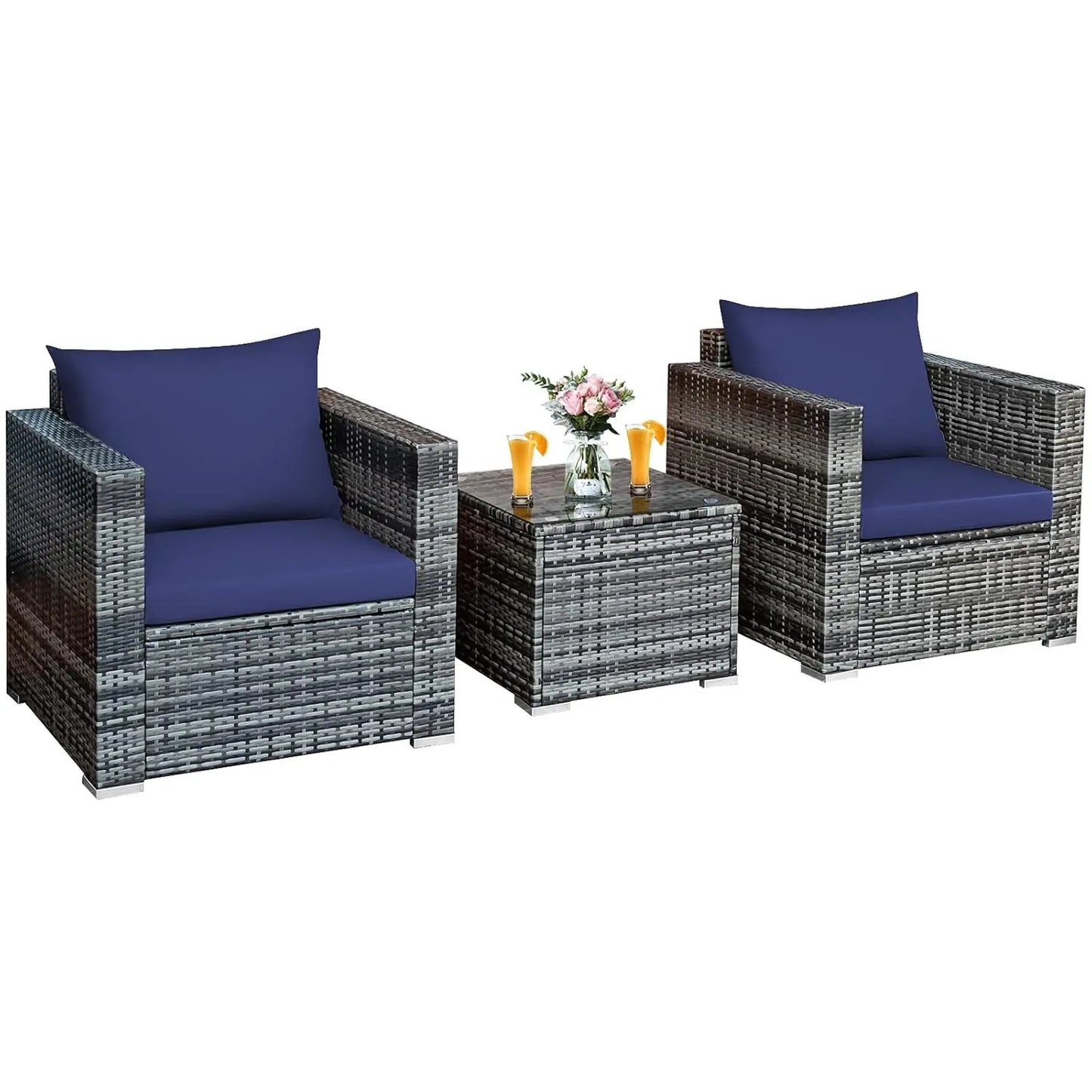 3 Pieces Patio Furniture Set, Outdoor Conversation Rattan Furniture Set w/Washable Cushion and Tempered Glass Tabletop, PE Ratta
