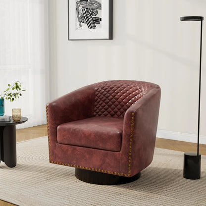 Pia Ricco Faux Leather Barrel Accent Chair, Modern Club Arm Chair Comfy Upholstered Single Sofa Chair with Solid Wood Legs and N