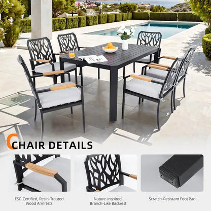 Aluminum Stationary Dining Chairs Set of 2 with Sunbrella Fabric Cushions, Branch-Like Backrest, FSC-Certified Wood Armrests,