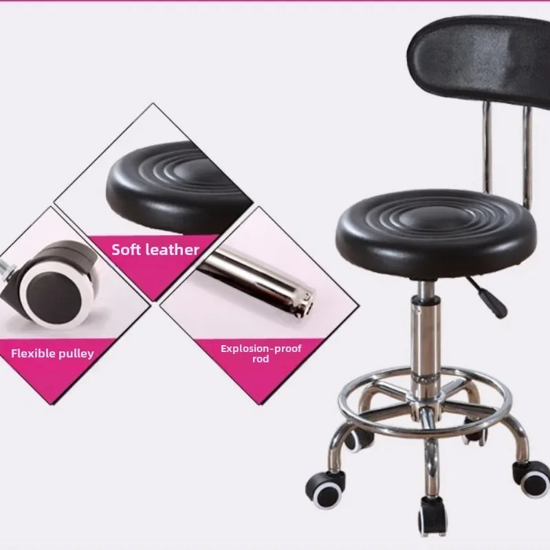 Black PU Leather Rolling Stool Round Swivel Stool with Wheels Height-Adjustable Seat for Salon Tattoo or Office Use