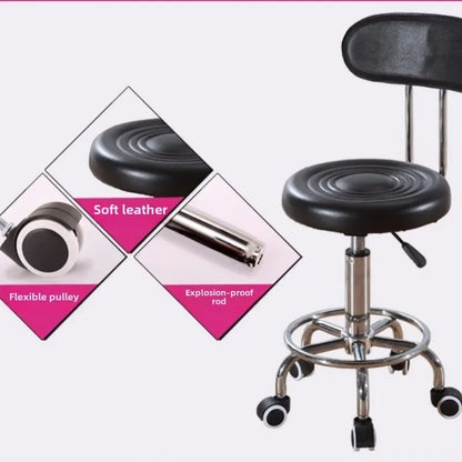 Black PU Leather Rolling Stool Round Swivel Stool with Wheels Height-Adjustable Seat for Salon Tattoo or Office Use